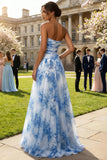 White and Blue Floral Strapless A Line Long Prom Dress