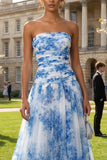 White and Blue Floral Strapless A Line Long Prom Dress
