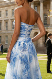 White and Blue Floral Strapless A Line Long Prom Dress