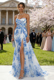 White and Blue Sweetheart Floral Sheath Long Prom Dress with Slit