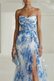 White and Blue Sweetheart Floral Sheath Long Prom Dress with Slit