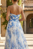 White and Blue Sweetheart Floral Sheath Long Prom Dress with Slit