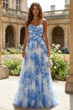 White and Blue A Line Floral Long Sweetheart Prom Dress
