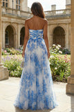 White and Blue A Line Floral Long Sweetheart Prom Dress