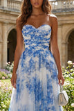 White and Blue A Line Floral Long Sweetheart Prom Dress