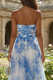 White and Blue A Line Floral Long Sweetheart Prom Dress