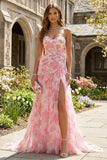 Leely Women Pink Long Floral Prom Dress with Slit Sweetheart Ruched Sheath Wedding Guest Dress