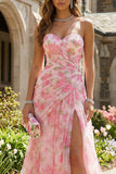Floral Pink Sweetheart Long Prom Dress with Slit