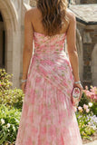 Floral Pink Sweetheart Long Prom Dress with Slit