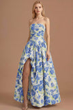 A Line Blue Daffodil Floral Jacquard Maxi Prom Dress with Slit