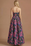 A Line Blue Daffodil Floral Jacquard Maxi Prom Dress with Slit