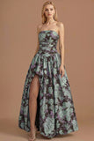 A Line Blue Daffodil Floral Jacquard Maxi Prom Dress with Slit