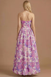 A Line Blue Daffodil Floral Jacquard Maxi Prom Dress with Slit