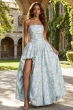 Blue and White Floral A Line Strapless Long Prom Dress with Slit