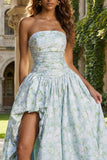 Blue and White Floral A Line Strapless Long Prom Dress with Slit