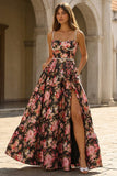 Black and Pink A Line Spaghetti Straps Floral Long Prom Dress with Pearls