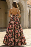 Black and Pink A Line Spaghetti Straps Floral Long Prom Dress with Pearls