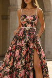 Black and Pink A Line Spaghetti Straps Floral Long Prom Dress with Pearls
