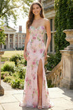 Sparkly Pink Sweetheart Floral Long Mermaid Prom Dress with Slit