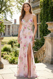 Sparkly Floral Pink Spaghetti Straps Mermaid Long Prom Dress with Slit