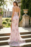 Sparkly Floral Pink Spaghetti Straps Mermaid Long Prom Dress with Slit