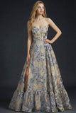 Dusty Blue Jacquard Floral Corset Long Prom Dress with Slit