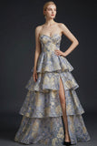 Jacquard Dusty Blue Floral Corset Sweetheart Long Prom Dress with Beading