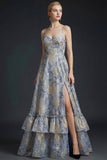 Ruffled Spaghetti Straps Dusty Blue Floral Corset Maxi Prom Dress with Slit