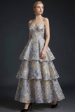 Ruffled Tiered Dusty Blue Floral Jacquard Corset Maxi Prom Dress