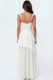 Ivory A Line High Low Ruffled Spaghetti Straps Long Engagement Dress