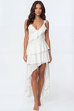 Ivory A Line High Low Ruffled Spaghetti Straps Long Engagement Dress