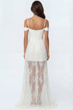 Ivory A Line Corset Spaghetti Straps Long Engagement Dress with Lace