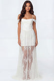 Ivory A Line Corset Spaghetti Straps Long Engagement Dress with Lace