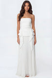 Ivory A Line Ruffled Pleated Strapless Long Engagement Dress