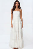 Ivory A Line Tiered Strapless Backless Sleeveless Engagement Dress with Lace