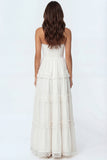 Ivory A Line Tiered Strapless Backless Sleeveless Engagement Dress with Lace