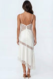 Ivory Mermaid Spaghetti Straps Backless Ruffled Long Engagement Dress with Slit
