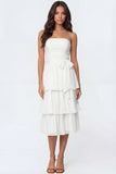 Ivory A Line Tiered Ruffled Strapless Long Engagement Dress with Bow