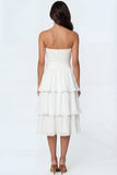 Ivory A Line Tiered Ruffled Strapless Long Engagement Dress with Bow