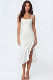 Ivory Mermaid Thick Straps Corset Ruched Ruffled Long Engagement Dress with Slit