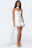 Ivory A Line Ruffled Spaghetti Straps Midi Bridal Shower Dress