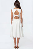 Ivory A Line Round Neck Appliqued Long Engagement Dress with Bow