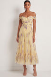 Yellow Floral A Line Off the Shoulder Pleated Long Wedding Guest Dress