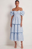 Blue Floral Corset A Line Ruffled Tiered Long Wedding Guest Dress