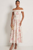 White Pink Floral A Line Off the Shoulder Maxi Wedding Guest Dress