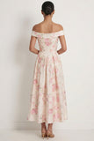 White Pink Floral A Line Off the Shoulder Maxi Wedding Guest Dress