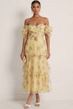 Yellow Floral A Line Off the Shoulder A Line Tiered Long Wedding Guest Dress