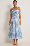 White Blue A Line Corset Off the Shoulder Maxi Wedding Guest Dress