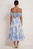 White Blue A Line Corset Off the Shoulder Maxi Wedding Guest Dress