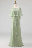 Dusty Sage Floral Spaghetti Straps Long Wedding Guest Dress with Cape